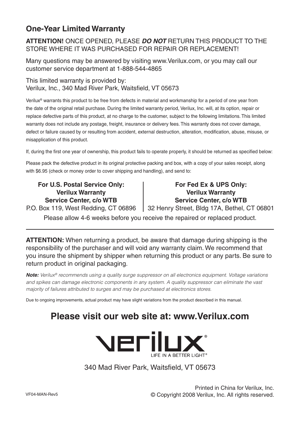 One-year limited warranty | Verilux LEGACY DELUXE NATURAL SPECTRUM VF04 User Manual | Page 8 / 8