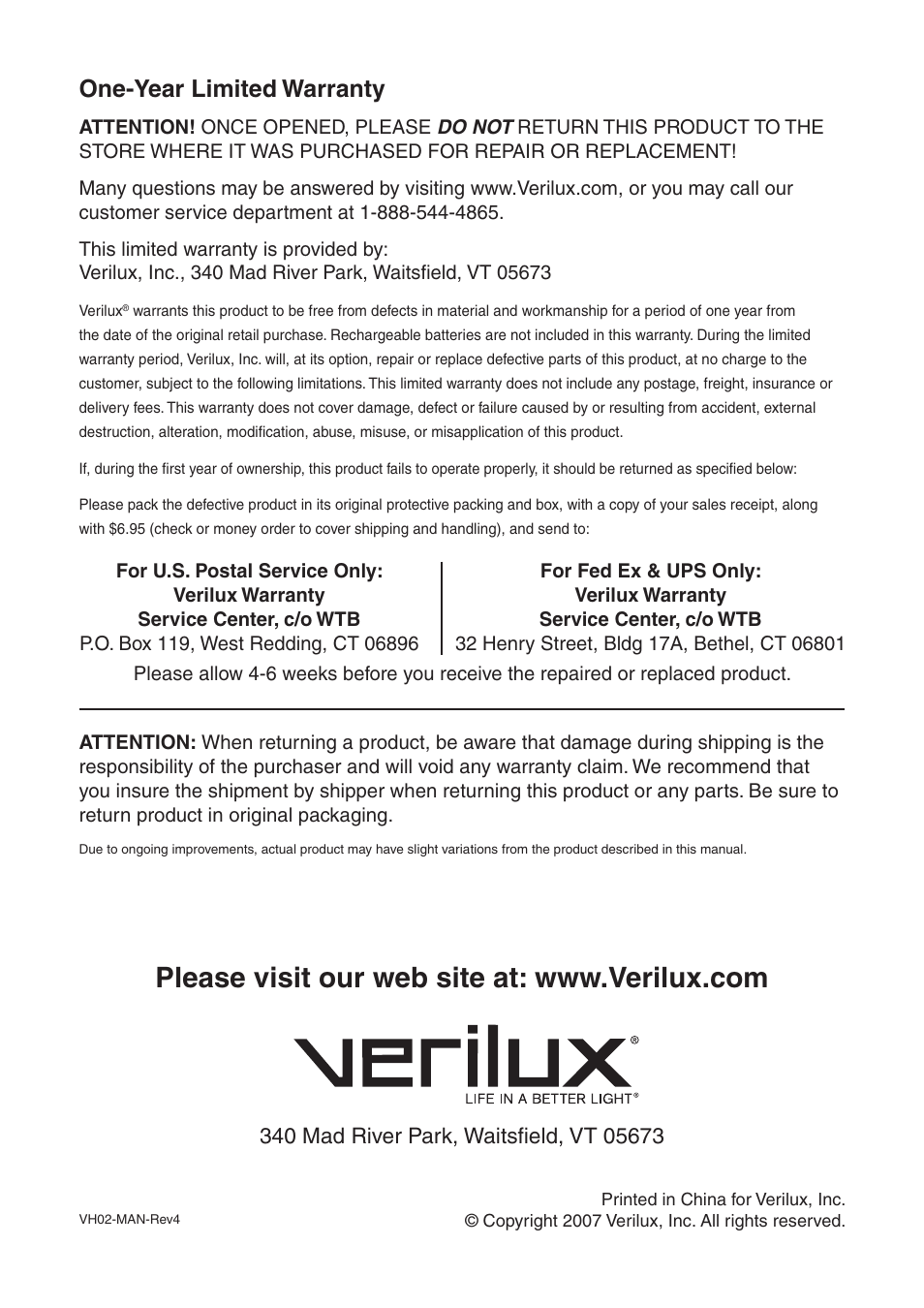 One-year limited warranty | Verilux VH02 User Manual | Page 8 / 8
