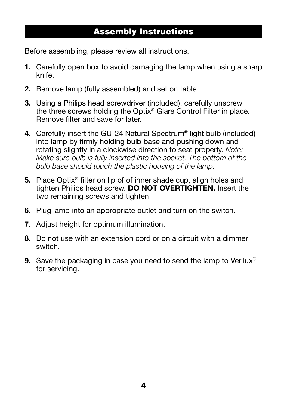 4assembly instructions | Verilux DELUXE NATURAL SPECTRUM VF08 User Manual | Page 4 / 8