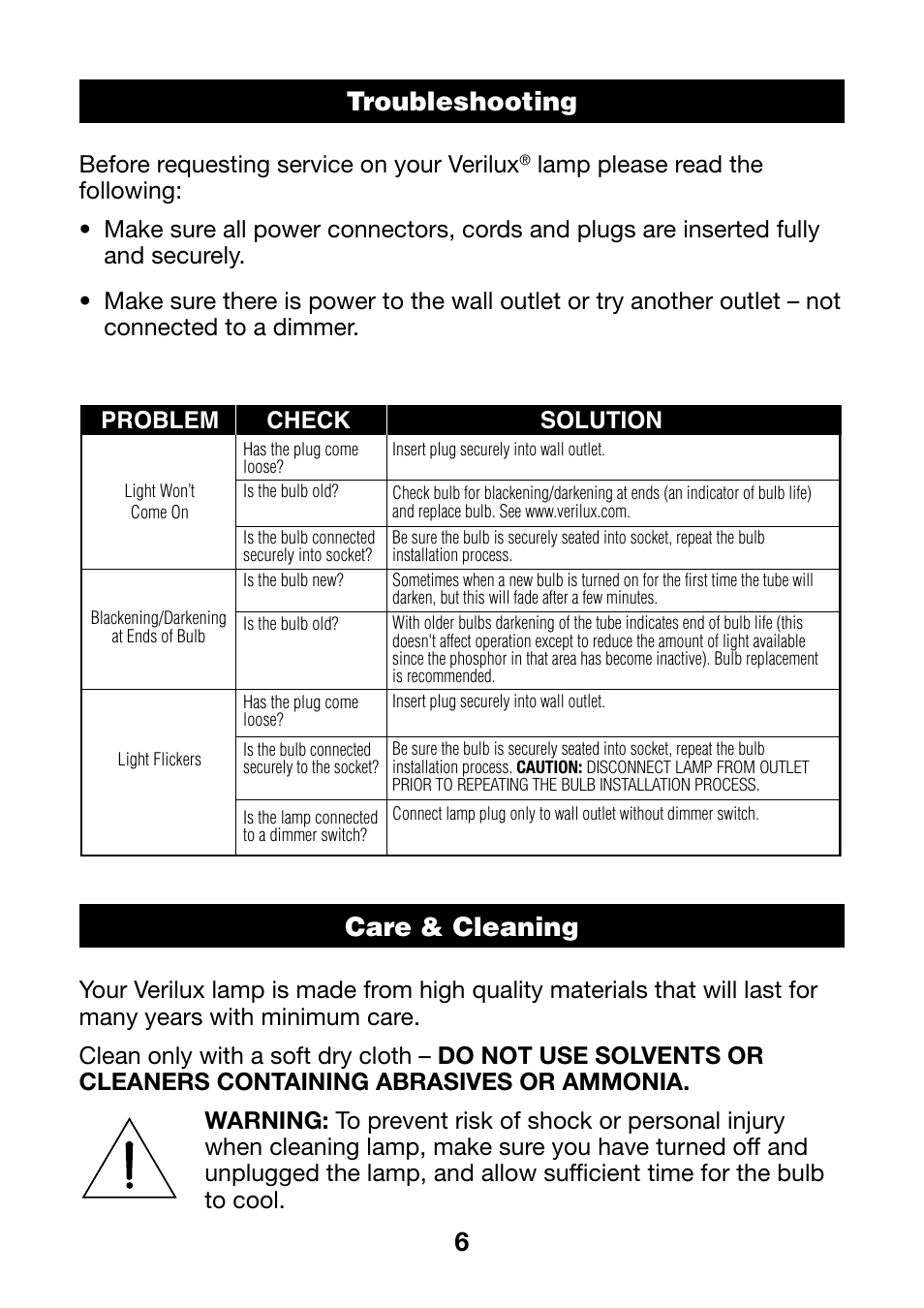 6troubleshooting, Care & cleaning | Verilux DESK AND TABLE LAMP VD05 User Manual | Page 3 / 8