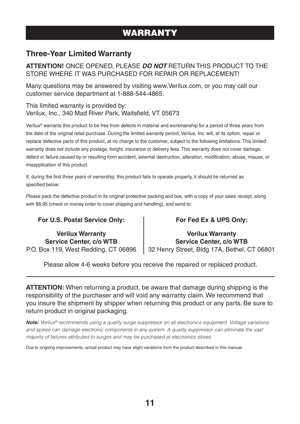 11 warranty, Three-year limited warranty | Verilux VF01 User Manual | Page 11 / 12