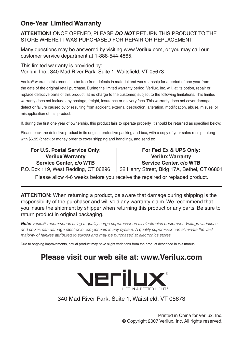 One-year limited warranty | Verilux VD017 User Manual | Page 8 / 8