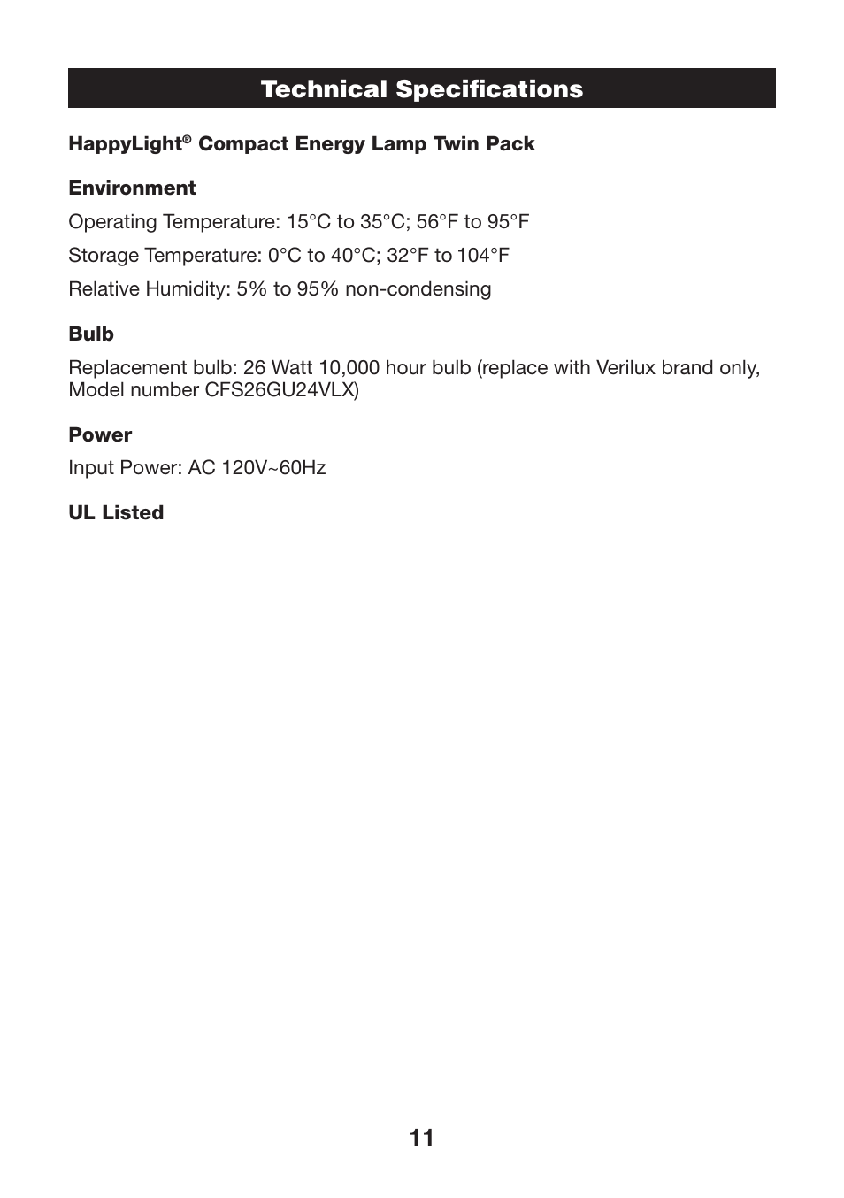 11 technical specifi cations | Verilux HAPPYLIGHT VTCP01 User Manual | Page 11 / 12