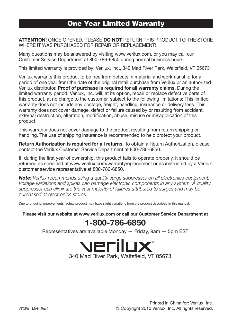 One year limited warranty | Verilux HAPPYLIGHT VTCP01 User Manual | Page 12 / 12