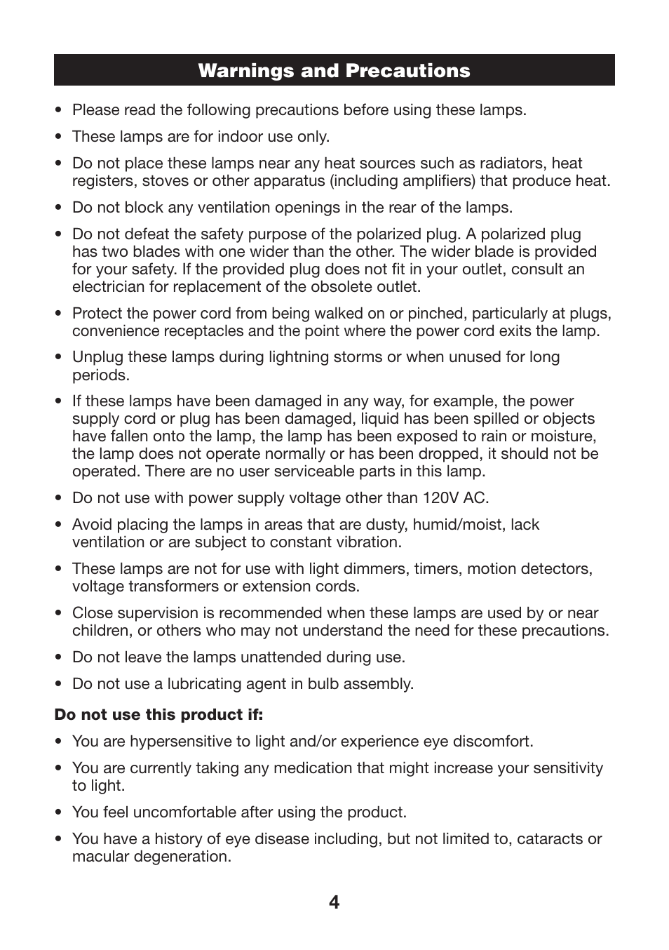 Warnings and precautions | Verilux HAPPYLIGHT VTCP01 User Manual | Page 4 / 12