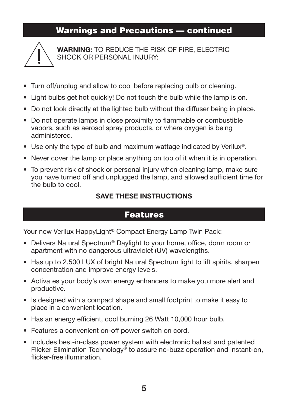 5warnings and precautions — continued features | Verilux HAPPYLIGHT VTCP01 User Manual | Page 5 / 12