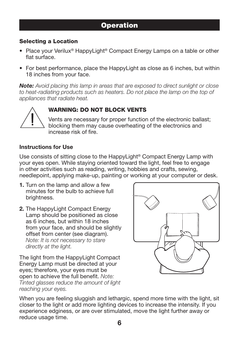 Operation | Verilux HAPPYLIGHT VTCP01 User Manual | Page 6 / 12