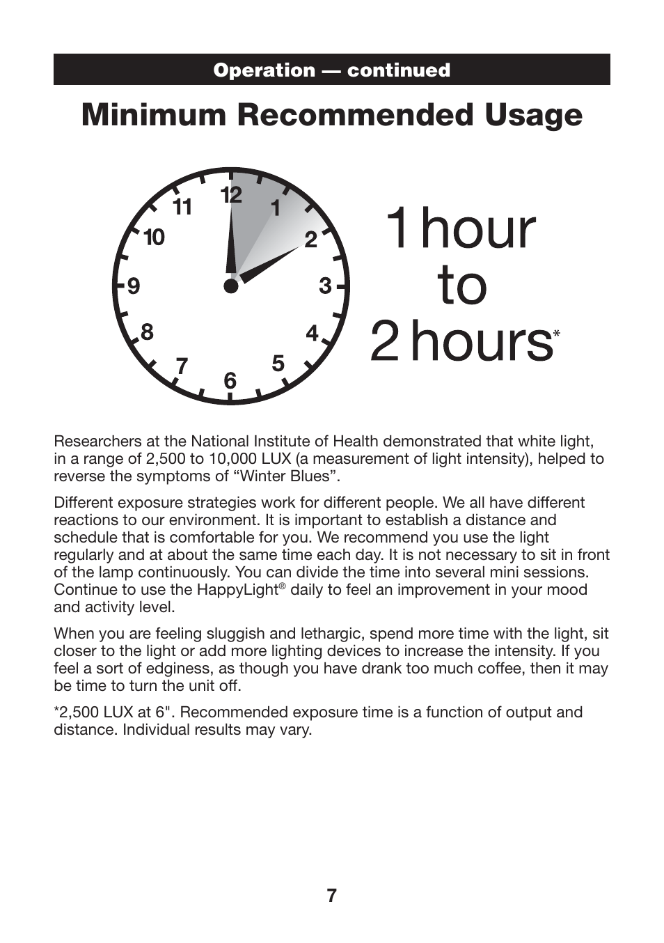 Minimum recommended usage | Verilux HAPPYLIGHT VTCP01 User Manual | Page 7 / 12