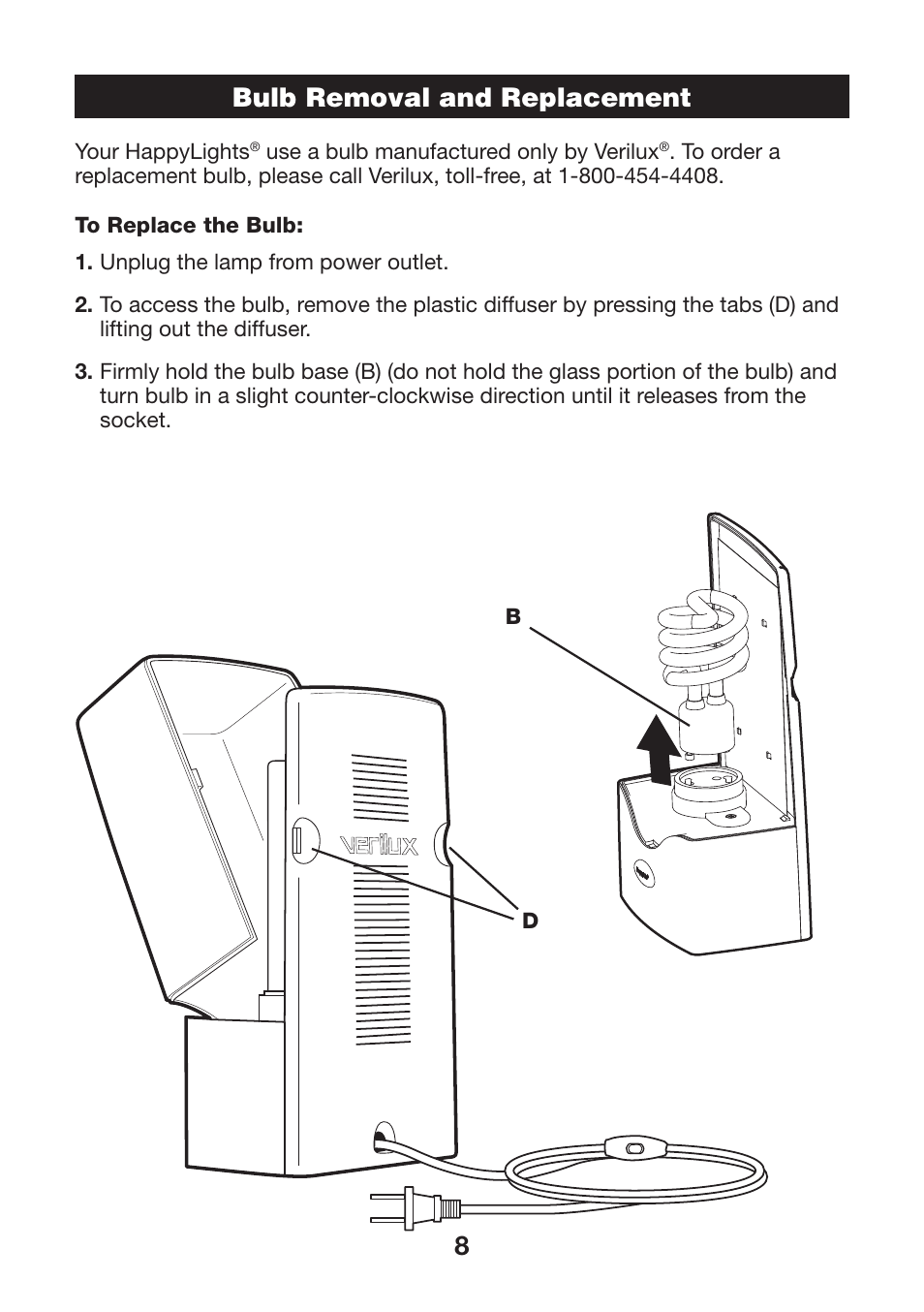 Bulb removal and replacement | Verilux HAPPYLIGHT VTCP01 User Manual | Page 8 / 12
