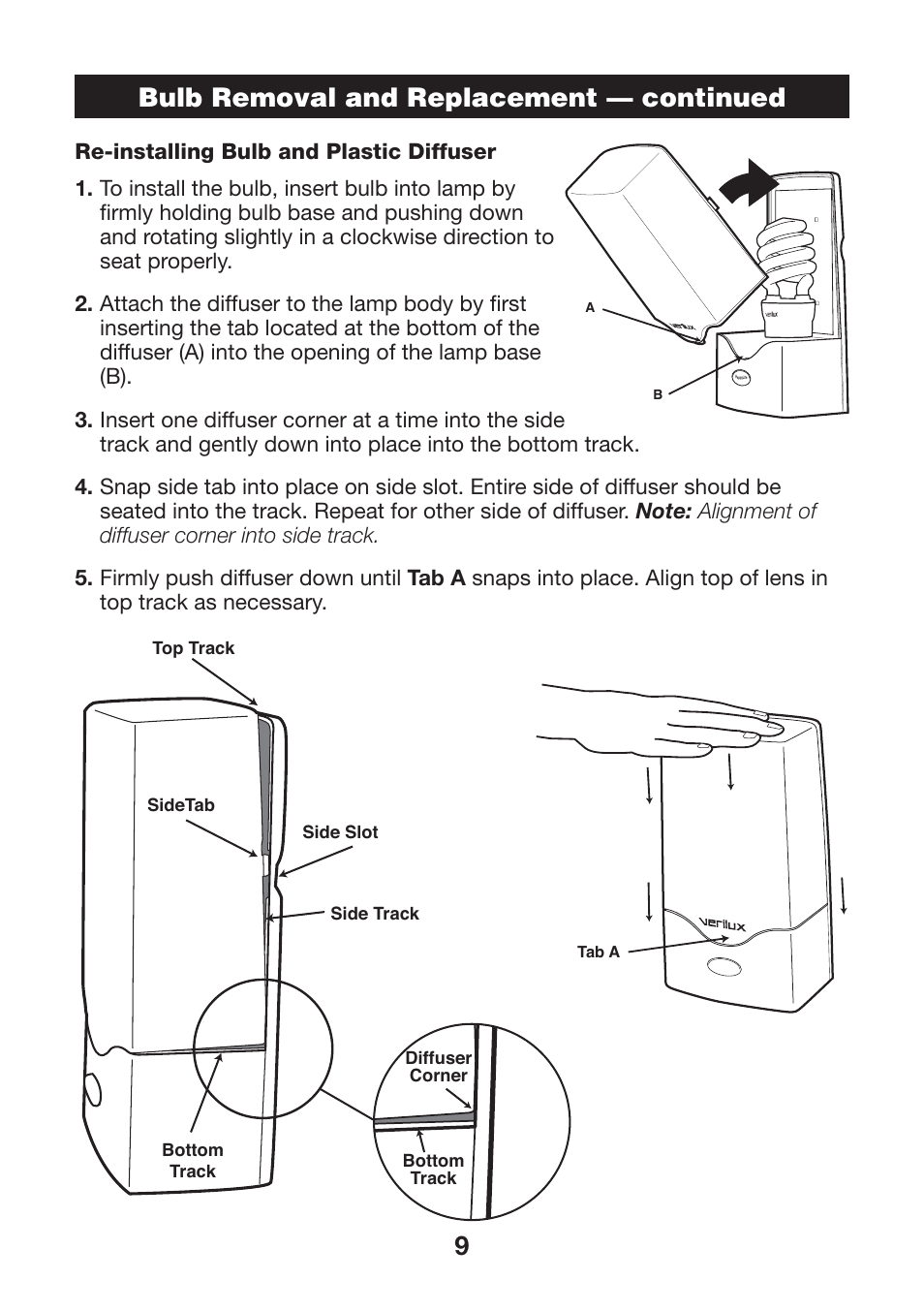 Bulb removal and replacement — continued | Verilux HAPPYLIGHT VTCP01 User Manual | Page 9 / 12