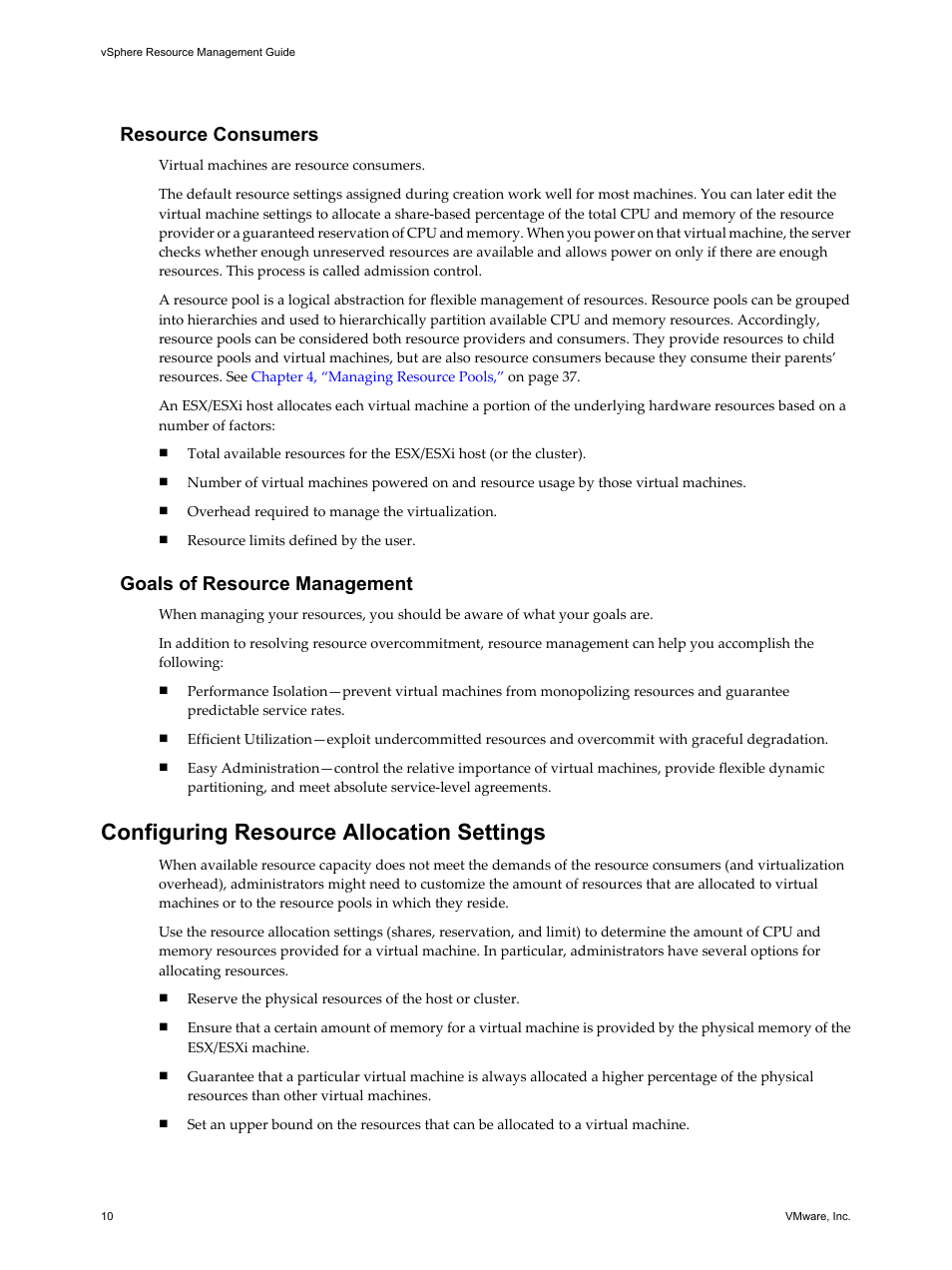 Resource consumers, Goals of resource management, Configuring resource allocation settings | Configuring resource allocation settings 10 | VMware vSphere vCenter Server 4.0 User Manual | Page 10 / 106