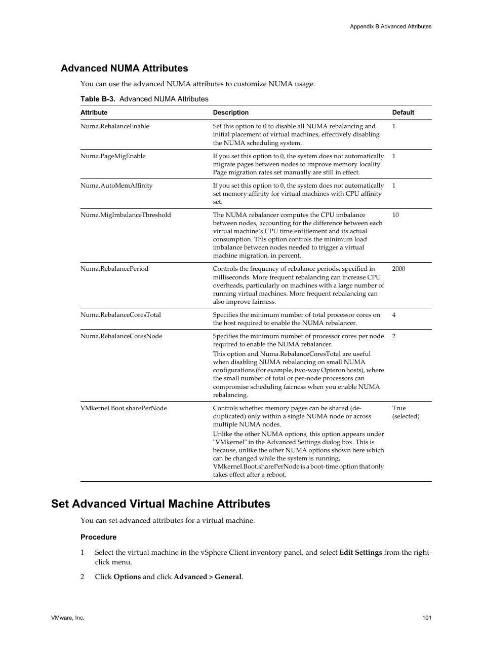 Advanced numa attributes, Set advanced virtual machine attributes, Set advanced virtual machine attributes 101 | VMware vSphere vCenter Server 4.0 User Manual | Page 101 / 106