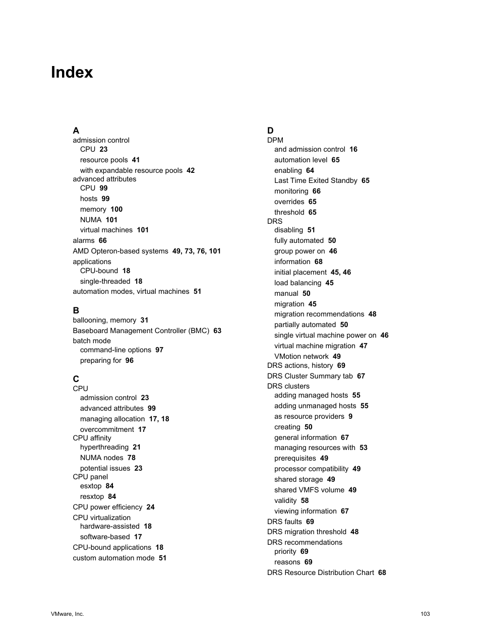Index, Index 103 | VMware vSphere vCenter Server 4.0 User Manual | Page 103 / 106