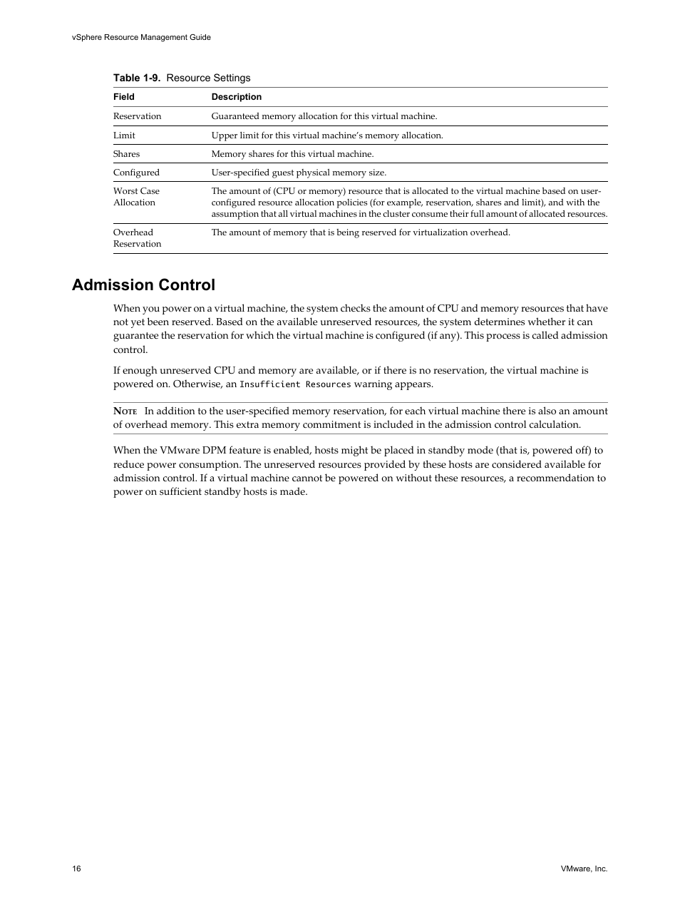 Admission control, Admission control 16 | VMware vSphere vCenter Server 4.0 User Manual | Page 16 / 106