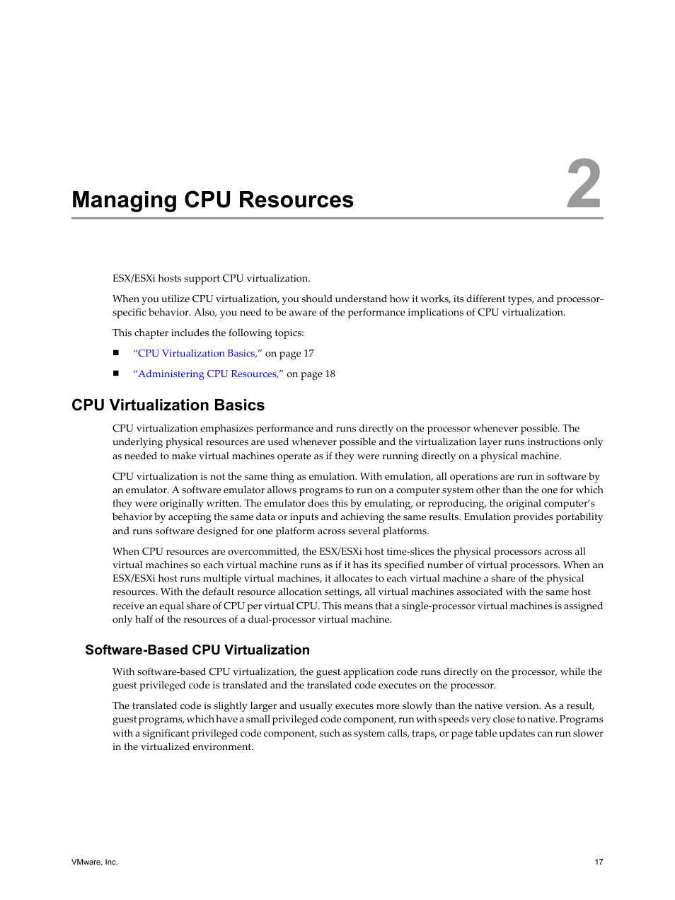 Managing cpu resources, Cpu virtualization basics, Software-based cpu virtualization | Managing cpu resources 17, Cpu virtualization basics 17 | VMware vSphere vCenter Server 4.0 User Manual | Page 17 / 106