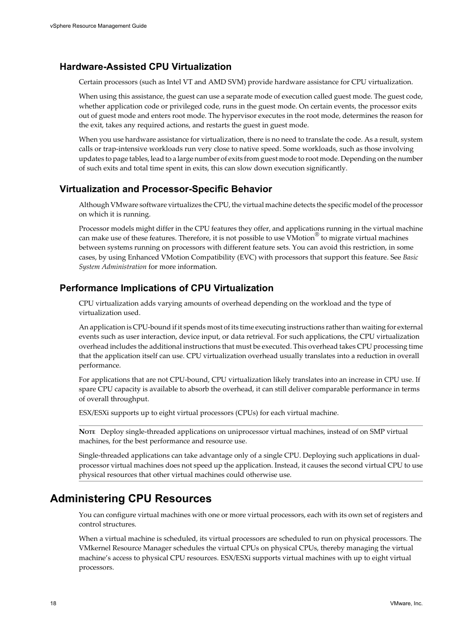 Hardware-assisted cpu virtualization, Virtualization and processor-specific behavior, Performance implications of cpu virtualization | Administering cpu resources, Administering cpu resources 18 | VMware vSphere vCenter Server 4.0 User Manual | Page 18 / 106