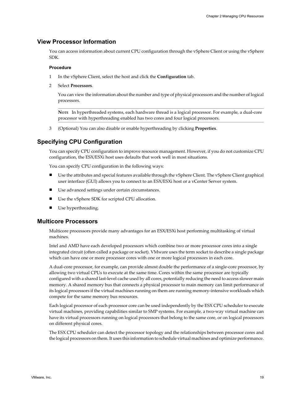 View processor information, Specifying cpu configuration, Multicore processors | VMware vSphere vCenter Server 4.0 User Manual | Page 19 / 106