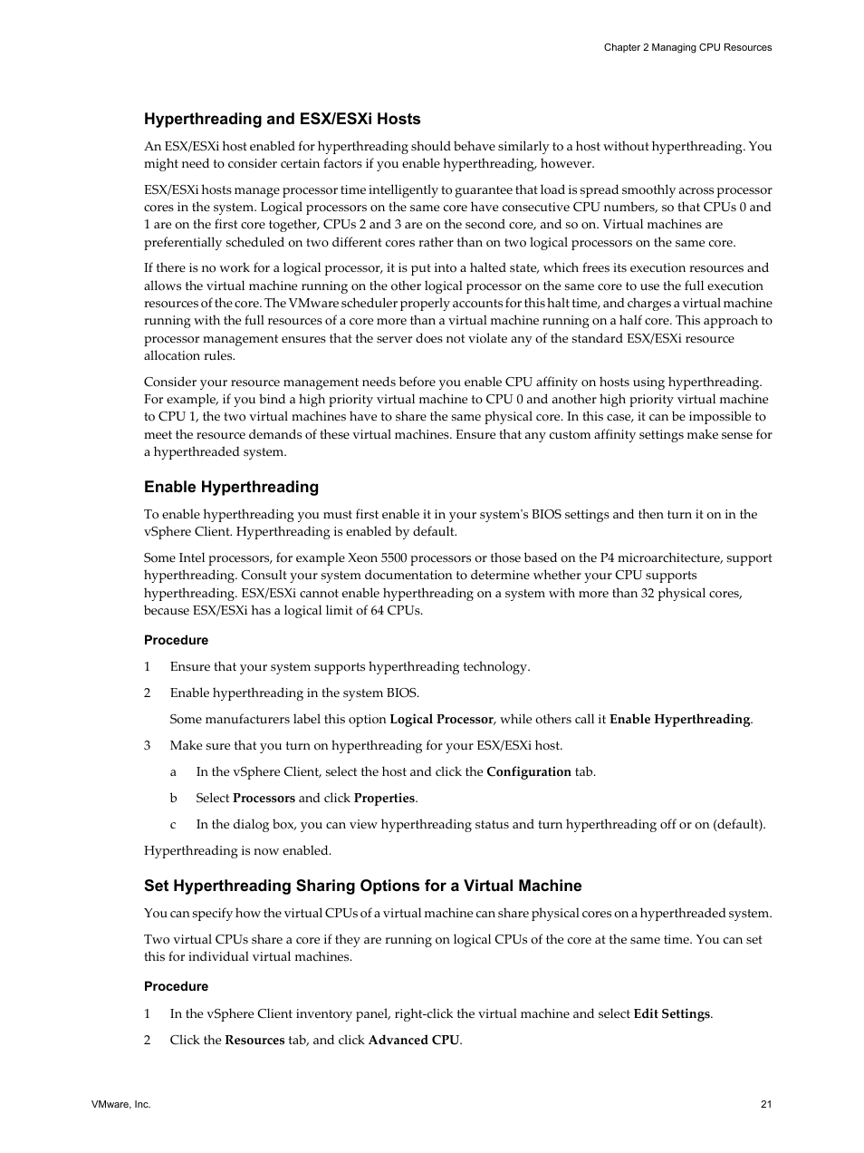 Hyperthreading and esx/esxi hosts, Enable hyperthreading | VMware vSphere vCenter Server 4.0 User Manual | Page 21 / 106