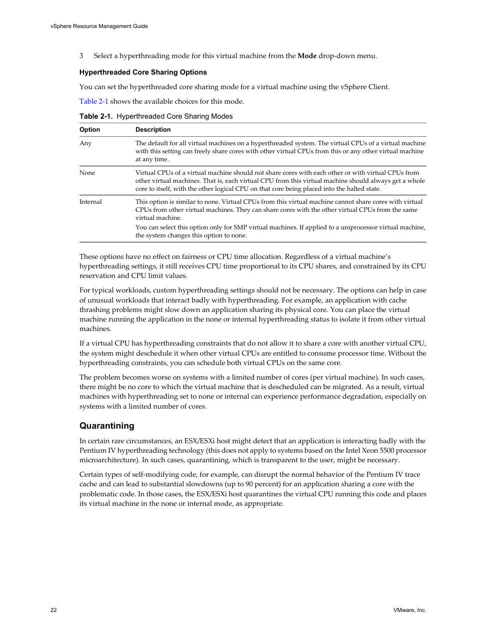 Hyperthreaded core sharing options, Quarantining | VMware vSphere vCenter Server 4.0 User Manual | Page 22 / 106