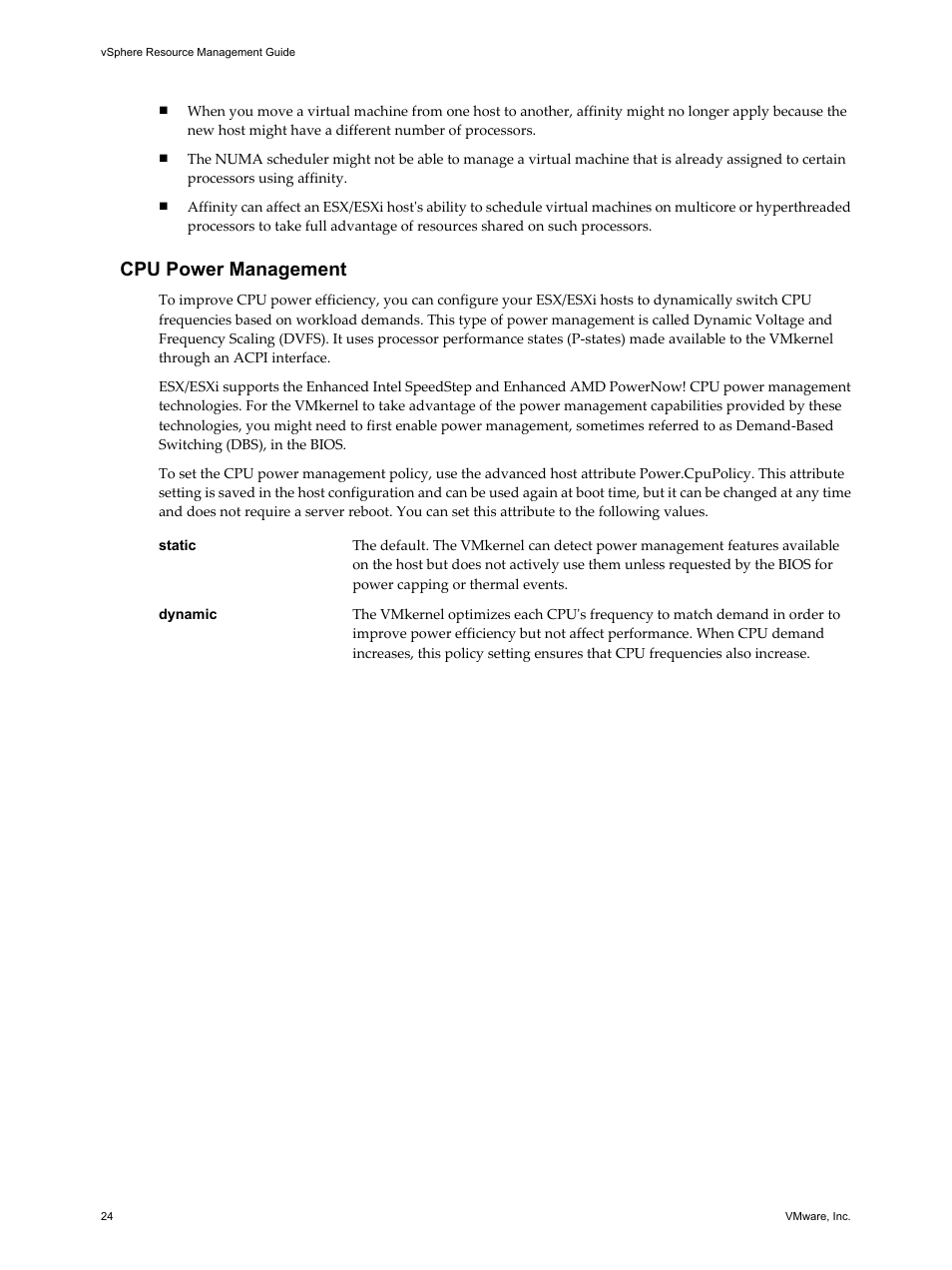 Cpu power management | VMware vSphere vCenter Server 4.0 User Manual | Page 24 / 106