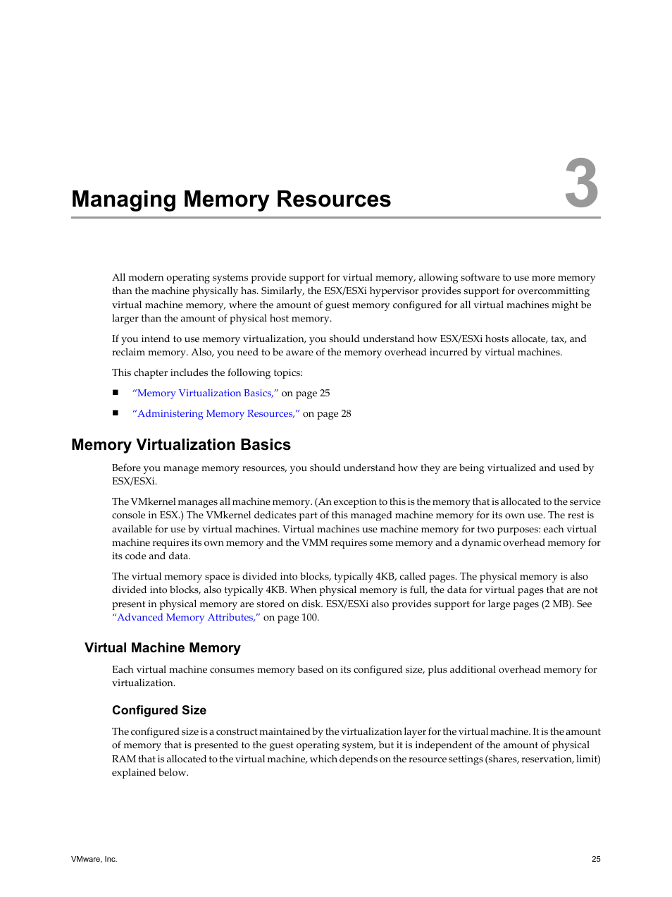 Managing memory resources, Memory virtualization basics, Virtual machine memory | Managing memory resources 25, Memory virtualization basics 25 | VMware vSphere vCenter Server 4.0 User Manual | Page 25 / 106