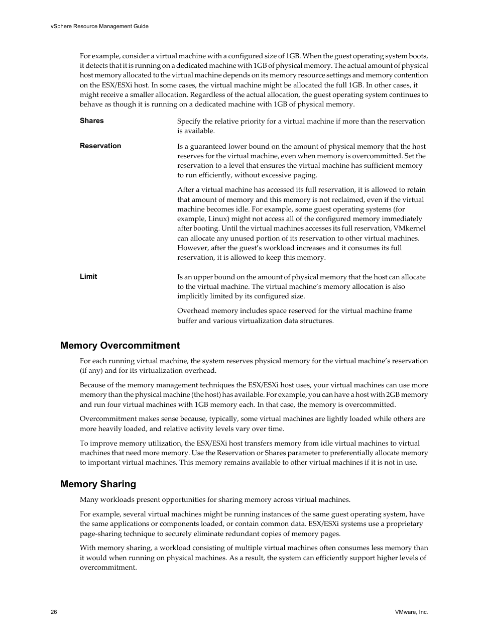 Memory overcommitment, Memory sharing | VMware vSphere vCenter Server 4.0 User Manual | Page 26 / 106