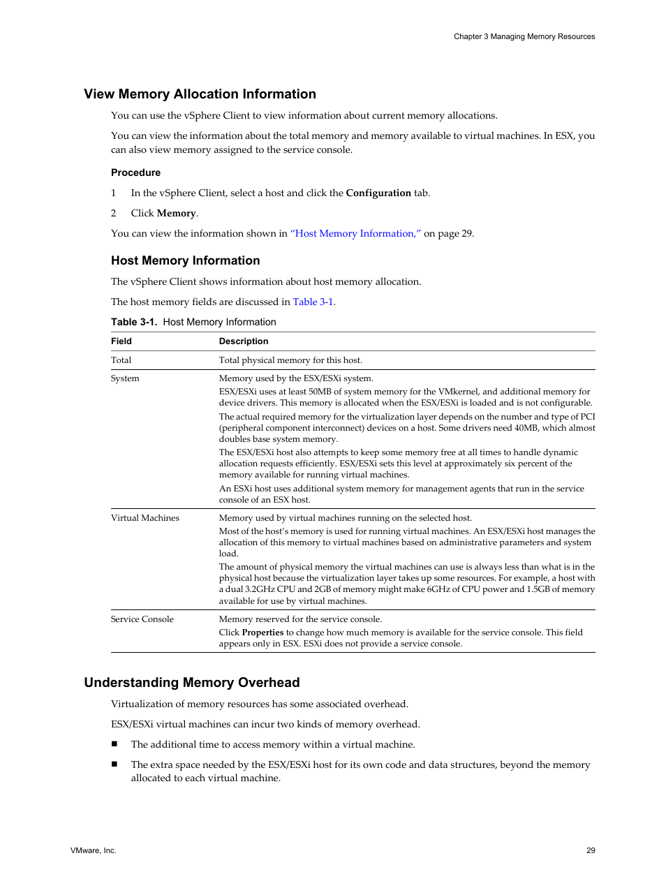 View memory allocation information, Host memory information, Understanding memory overhead | VMware vSphere vCenter Server 4.0 User Manual | Page 29 / 106