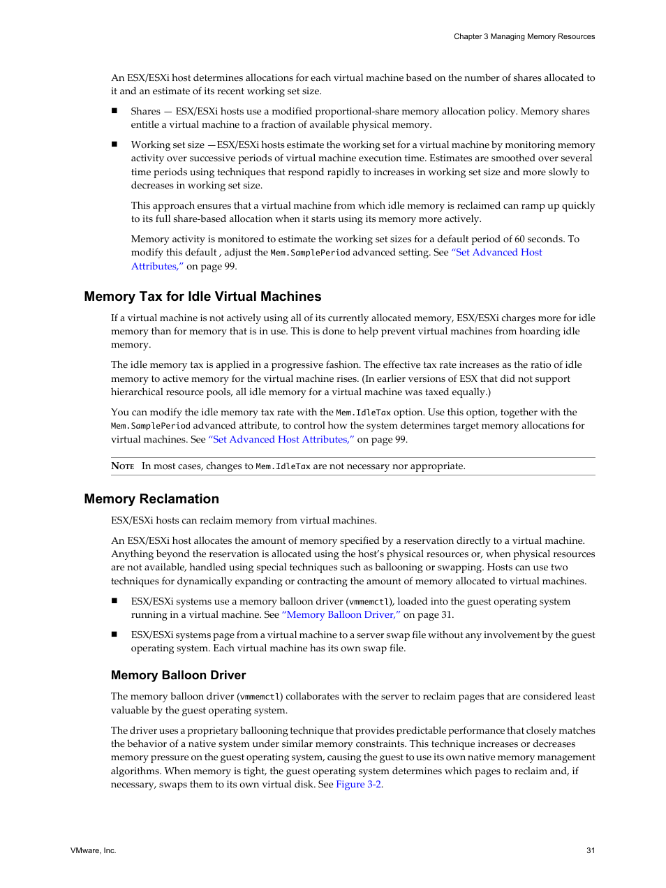 Memory tax for idle virtual machines, Memory reclamation, Memory balloon driver | VMware vSphere vCenter Server 4.0 User Manual | Page 31 / 106