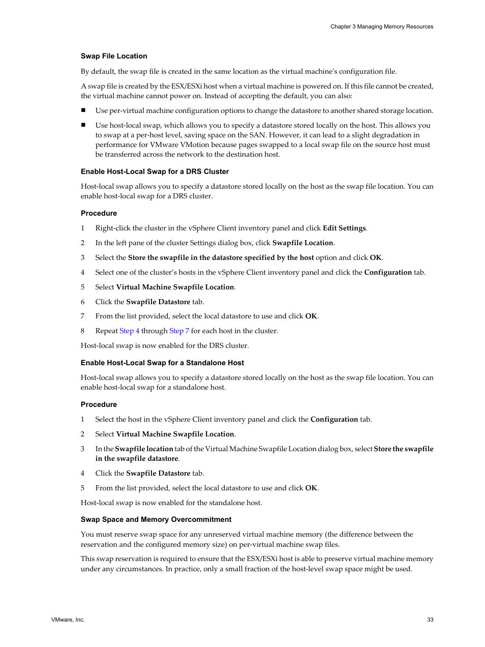 Swap file location, Enable host-local swap for a drs cluster, Enable host-local swap for a standalone host | Swap space and memory overcommitment | VMware vSphere vCenter Server 4.0 User Manual | Page 33 / 106