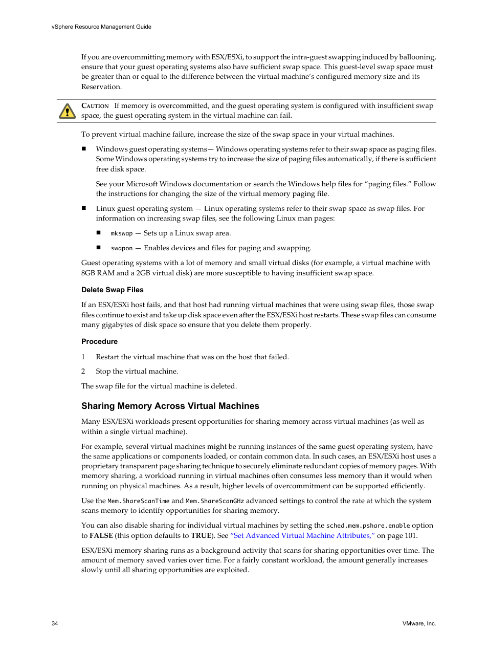 Delete swap files, Sharing memory across virtual machines | VMware vSphere vCenter Server 4.0 User Manual | Page 34 / 106
