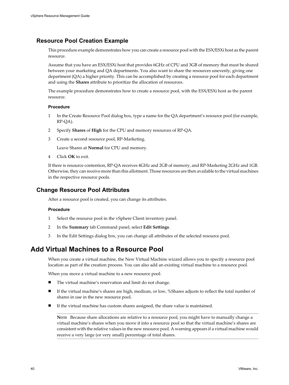Resource pool creation example, Change resource pool attributes, Add virtual machines to a resource pool | Add virtual machines to a resource pool 40 | VMware vSphere vCenter Server 4.0 User Manual | Page 40 / 106