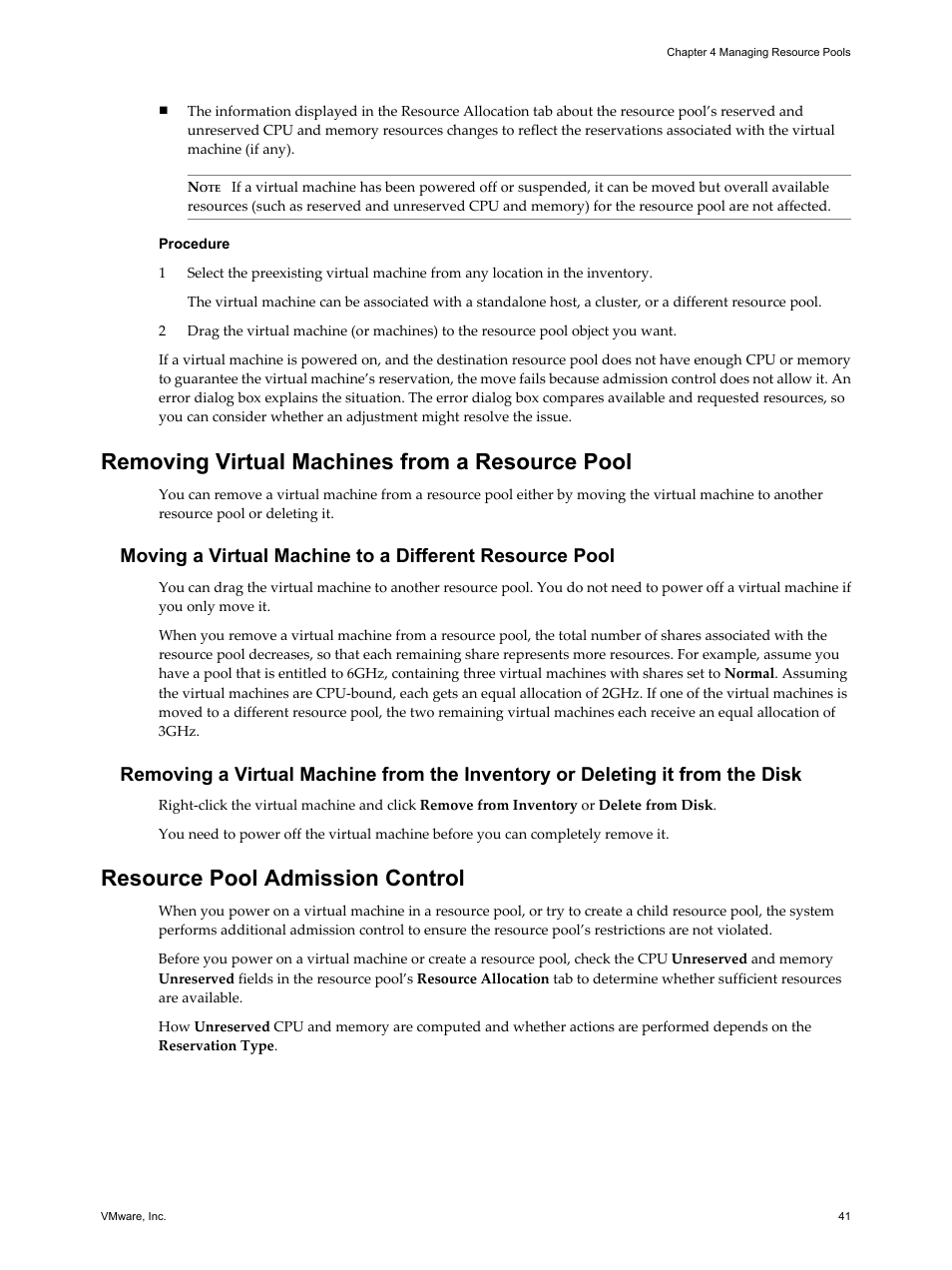 Removing virtual machines from a resource pool, Resource pool admission control | VMware vSphere vCenter Server 4.0 User Manual | Page 41 / 106