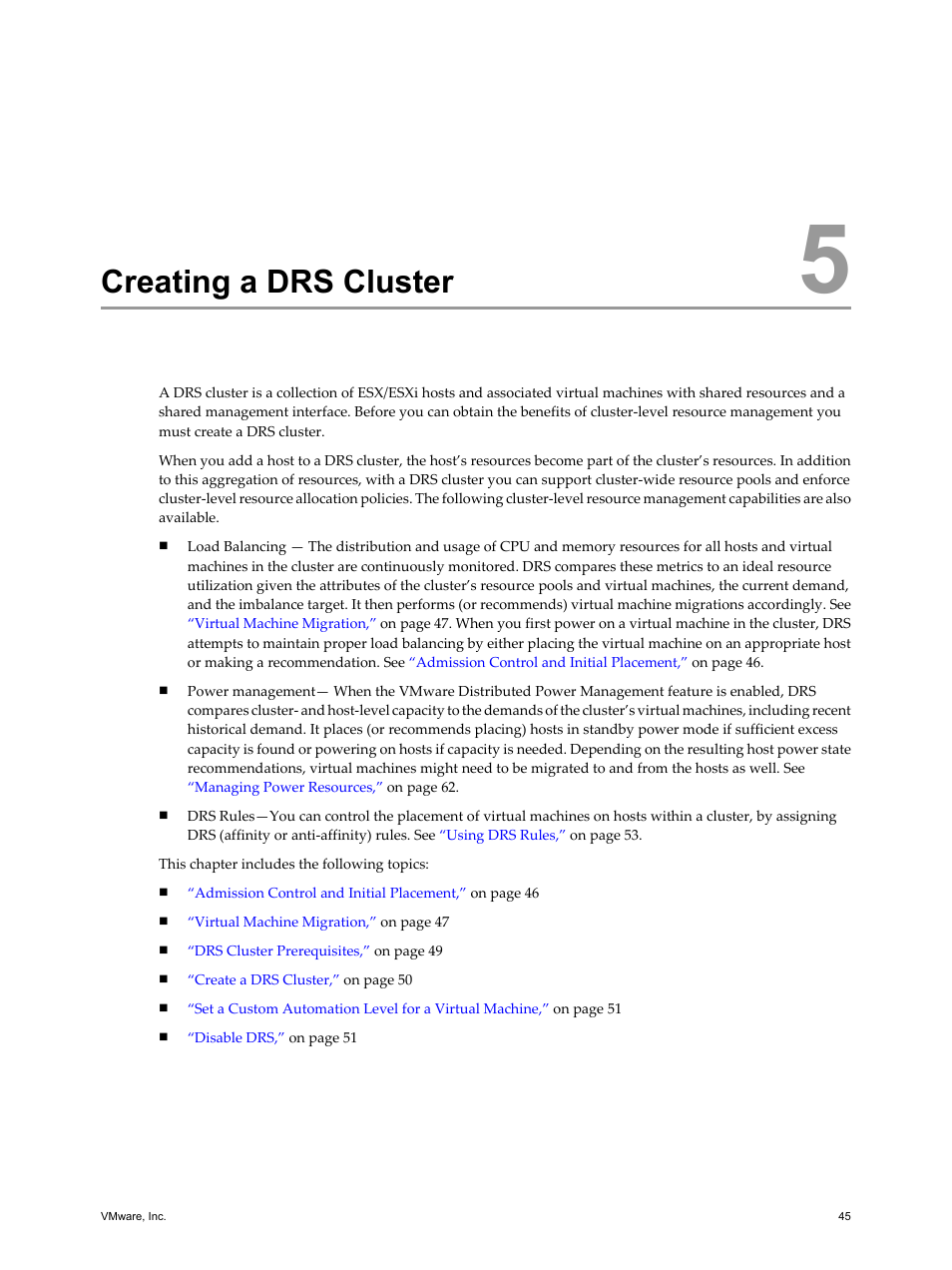 Creating a drs cluster, Creating a drs cluster 45, Chapter 5, “creating a | Drs cluster | VMware vSphere vCenter Server 4.0 User Manual | Page 45 / 106