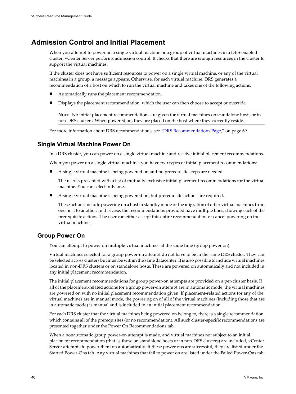 Admission control and initial placement, Single virtual machine power on, Group power on | Admission control and initial placement 46 | VMware vSphere vCenter Server 4.0 User Manual | Page 46 / 106