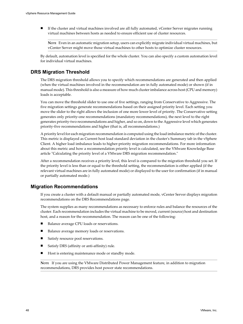 Drs migration threshold, Migration recommendations | VMware vSphere vCenter Server 4.0 User Manual | Page 48 / 106