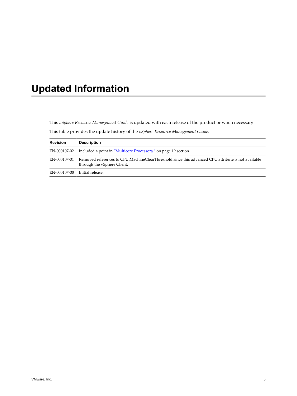 Updated information, Updated information 5 | VMware vSphere vCenter Server 4.0 User Manual | Page 5 / 106