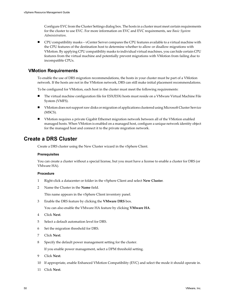Create a drs cluster, Create a drs cluster 50, Vmotion requirements | VMware vSphere vCenter Server 4.0 User Manual | Page 50 / 106