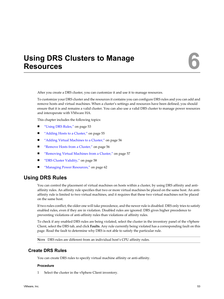 Using drs clusters to manage resources, Using drs rules, Create drs rules | Using drs clusters to manage resources 53, Using drs rules 53, Drs (affinity or anti-affinity) rules. see | VMware vSphere vCenter Server 4.0 User Manual | Page 53 / 106