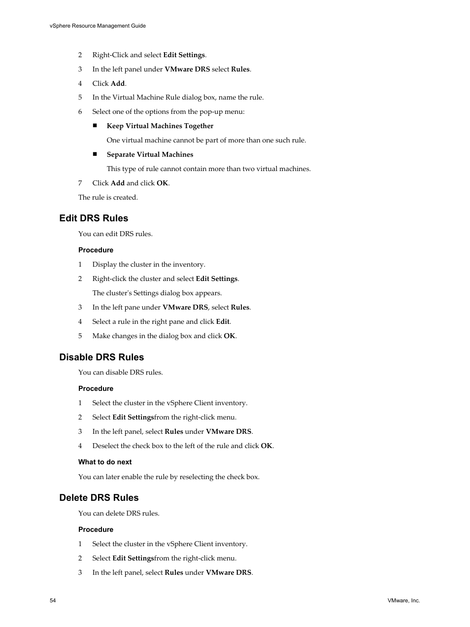 Edit drs rules, Disable drs rules, Delete drs rules | VMware vSphere vCenter Server 4.0 User Manual | Page 54 / 106