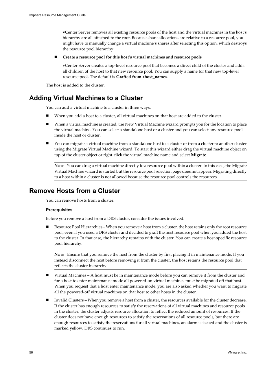 Adding virtual machines to a cluster, Remove hosts from a cluster | VMware vSphere vCenter Server 4.0 User Manual | Page 56 / 106