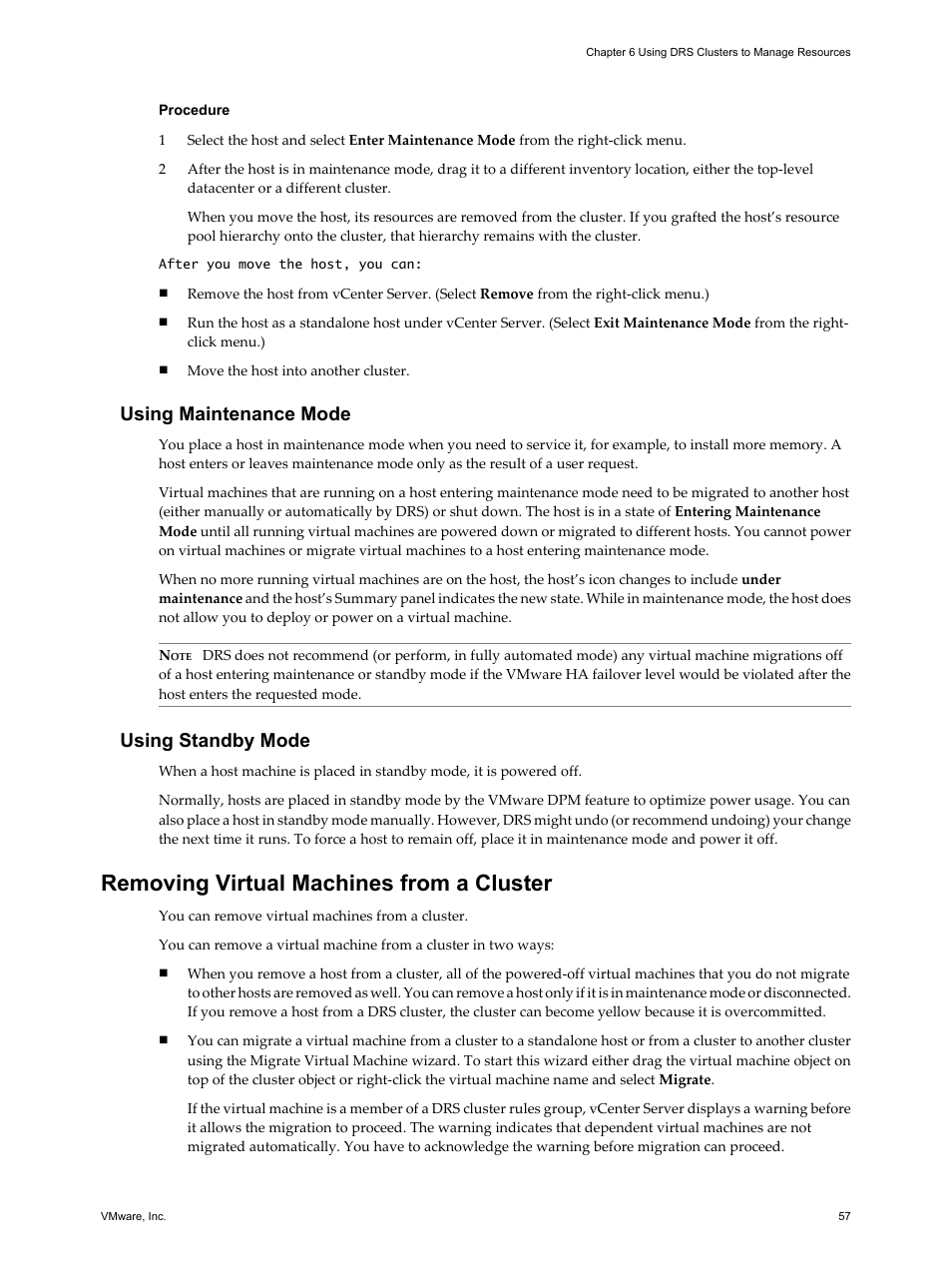 Using maintenance mode, Using standby mode, Removing virtual machines from a cluster | Removing virtual machines from a cluster 57, Removing, Virtual machines from a cluster | VMware vSphere vCenter Server 4.0 User Manual | Page 57 / 106