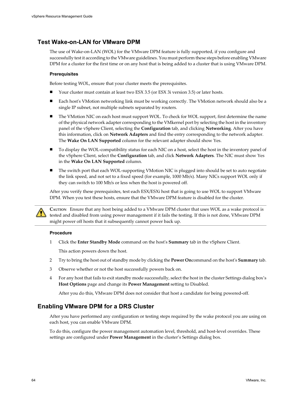 Test wake-on-lan for vmware dpm, Enabling vmware dpm for a drs cluster | VMware vSphere vCenter Server 4.0 User Manual | Page 64 / 106