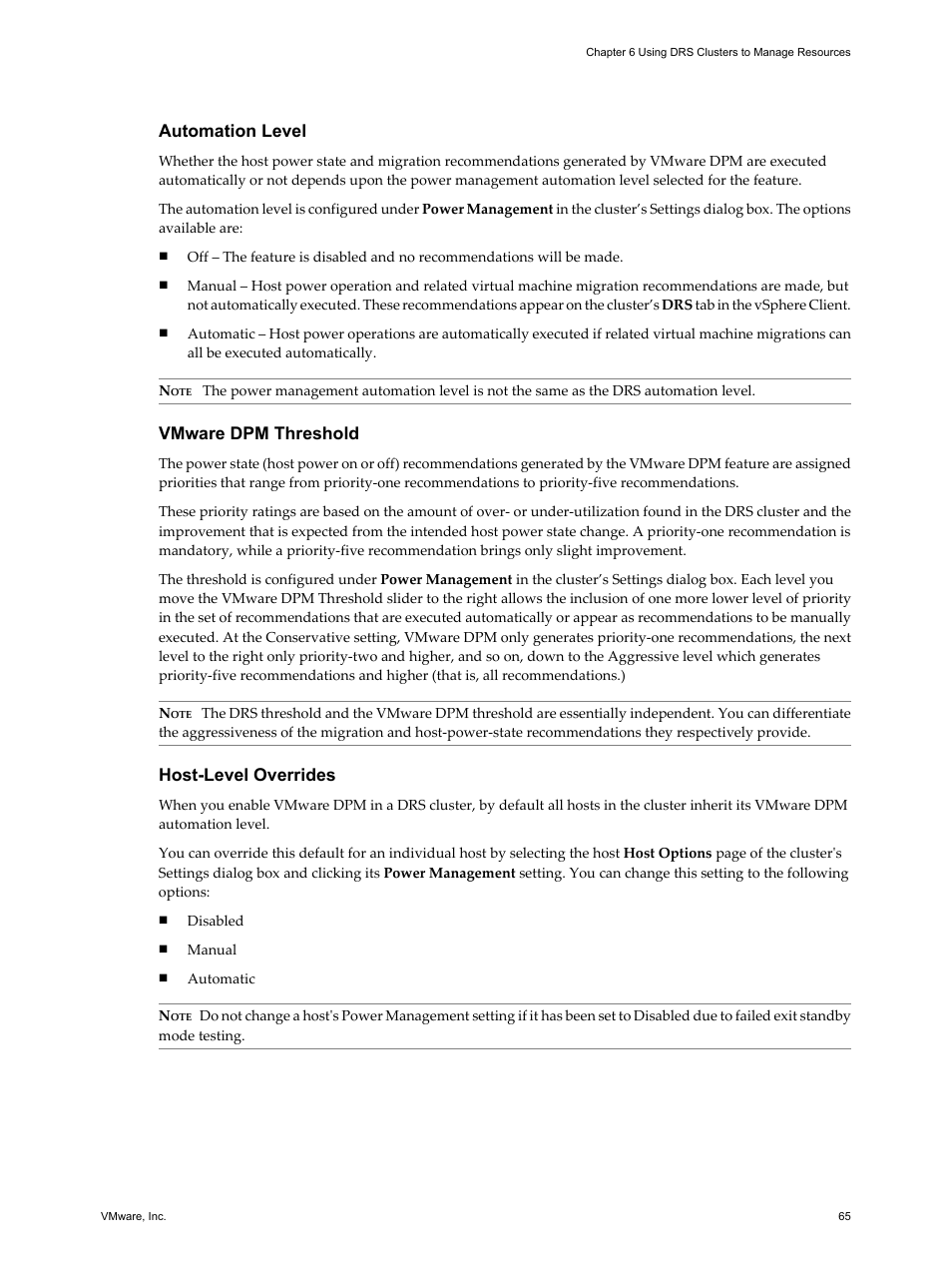 Automation level, Vmware dpm threshold, Host-level overrides | VMware vSphere vCenter Server 4.0 User Manual | Page 65 / 106