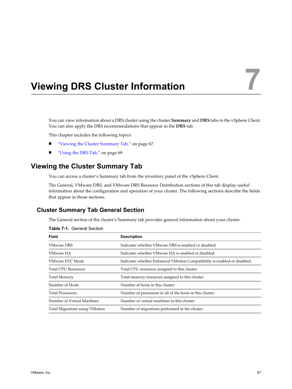 Viewing drs cluster information, Viewing the cluster summary tab, Cluster summary tab general section | Viewing drs cluster information 67, Viewing the cluster summary tab 67 | VMware vSphere vCenter Server 4.0 User Manual | Page 67 / 106