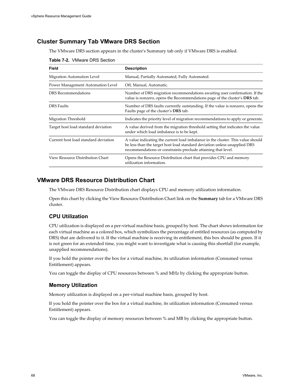 Cluster summary tab vmware drs section, Vmware drs resource distribution chart, Cpu utilization | VMware vSphere vCenter Server 4.0 User Manual | Page 68 / 106
