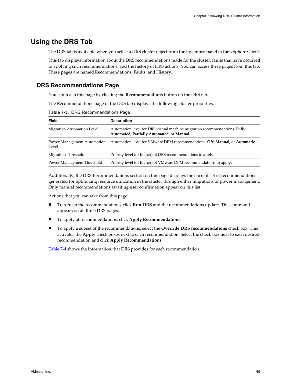 Using the drs tab, Using the drs tab 69, Drs recommendations page | VMware vSphere vCenter Server 4.0 User Manual | Page 69 / 106