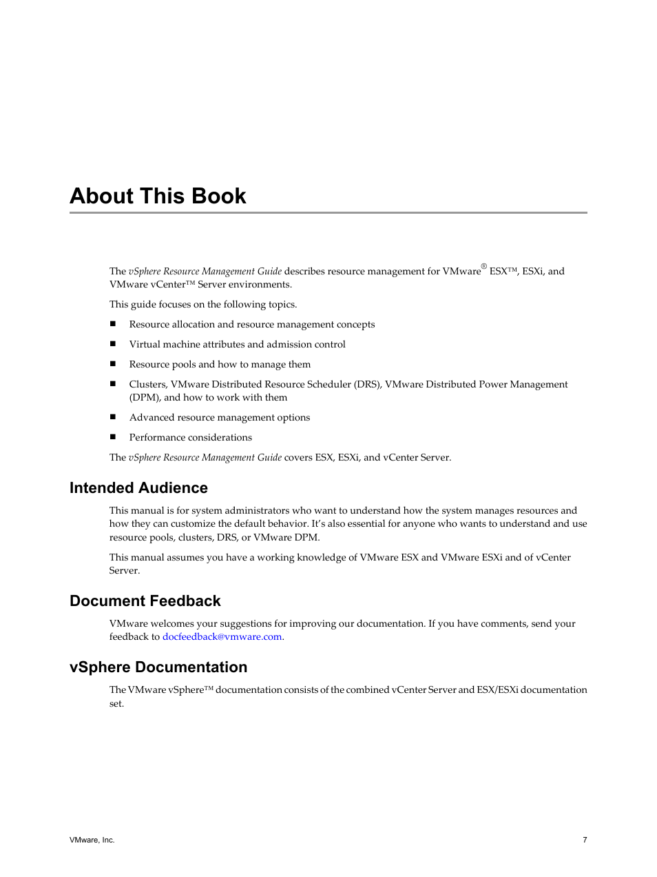 About this book, About this book 7, Intended audience | Document feedback, Vsphere documentation | VMware vSphere vCenter Server 4.0 User Manual | Page 7 / 106