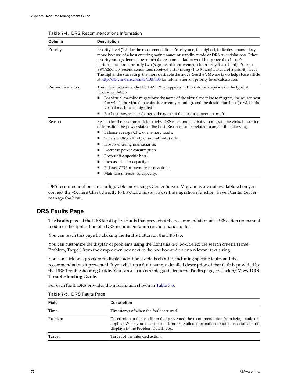 Drs faults page | VMware vSphere vCenter Server 4.0 User Manual | Page 70 / 106