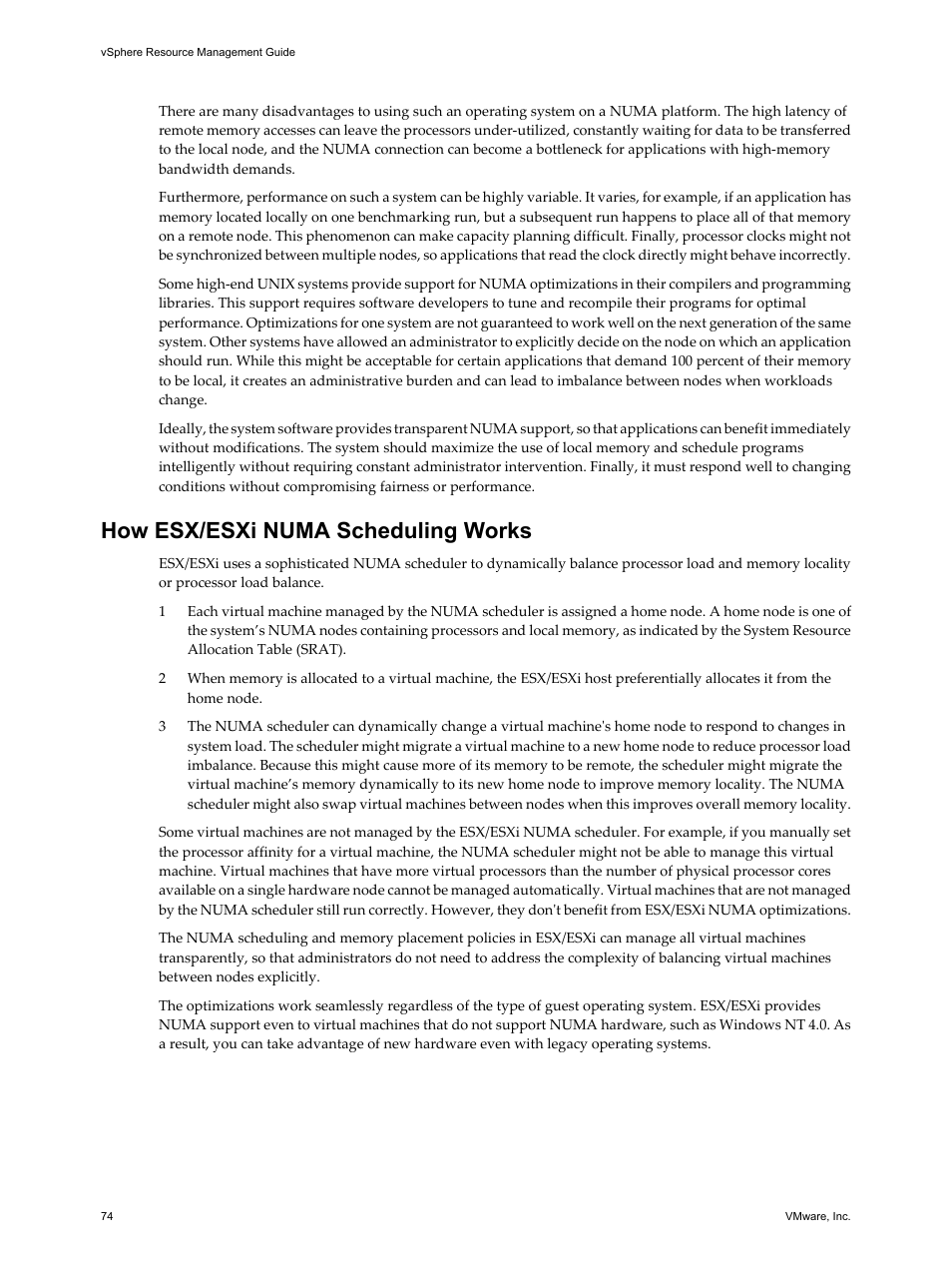 How esx/esxi numa scheduling works, How esx/esxi numa scheduling works 74 | VMware vSphere vCenter Server 4.0 User Manual | Page 74 / 106