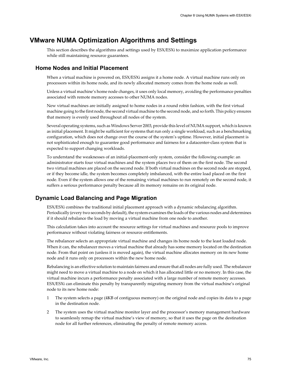 Vmware numa optimization algorithms and settings, Home nodes and initial placement, Dynamic load balancing and page migration | VMware vSphere vCenter Server 4.0 User Manual | Page 75 / 106